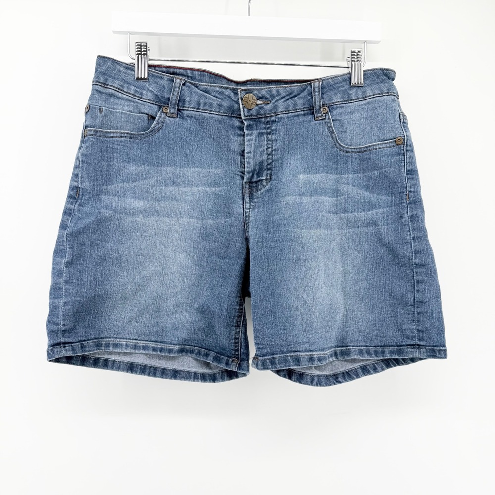 Liverpool Women 30/10 Maggie Bermuda Denim Shorts Dark Panorama Mid Rise Stretch
